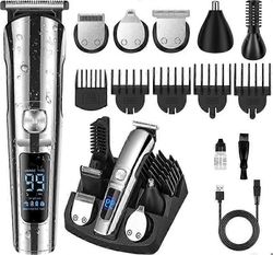 Ammattimainen hius- ja partaleikkuri miehille Johdoton ladattava vedenpitävä hiustenleikkuri, jossa on 6 parranajopäätä ja 5 kampaa