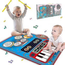 2-i-1 elektrisk musikalsk legetæppesæt Klavertrommemåtte med 2 pinde, småbørnslæringsgulvemne