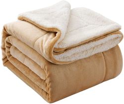 Linkrunning Kastetæppe vendbar Sherpa Flannel tæppe Super blød fuzzy plys fleece mikrofiber til seng / sofa (60"x80", beige) Beige Ny 80inL*60inW
