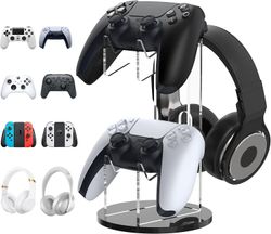 Universell gamepad og hodesettholder, 2-i-1-spillkontrollerholder, lagringsarrangør for PS5, PS4, Xbox One, Xbox-serien, spilltilbehør, svart og Clea