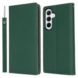 Samsung Galaxy S25 Kotelo Lompakko Aito Lehmänahka Puhelimen Kansi Litchi Rakenne - Vihreä Monivärinen Green