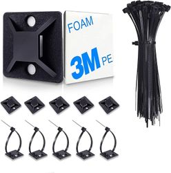 100-pakning zip-slipsfeste med kabelbånd, selvklebende bakfester for trådholder, svarte kabelhåndteringsklips veggankere
