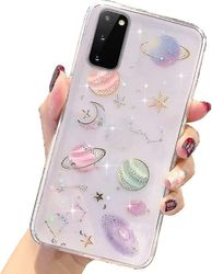 Girly taske til Samsung Galaxy S21 5g Glitter Cover Temmelig sød klar skinnende Sparkle Bling taske til piger Kvinder Planet Stars Design Soft Tpu ...