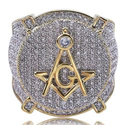 Bricks Masons Kompas og firkantede g hvide krystaller gyldne ring 9