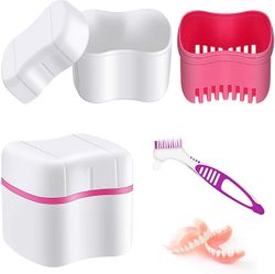 Linkrunning Protese badetaske med protese renere børste tandprotese tandbørste, protese kop protese boks bad protese beholder Pink 7.5cm*8.2cm