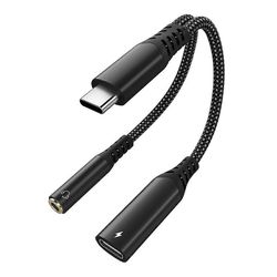 USB C - 3,5 mm:n kuuloke- ja laturisovitin, 2-in-1 USB C - Aux Jack Dongle -kaapelijohto PD 60 W:lla Musta