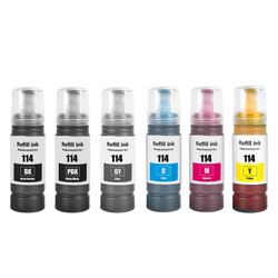 Go Inks -yhteensopiva 114 täyttömustepullosarja, 6 kpl, 70 ml, musta/valokuva musta/syaani/magenta/keltainen/harmaa Epson EcoTank -tulostimille