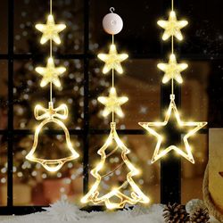 Heyone 3 stk julevindu lys dekorasjoner, batteridrevet julevindu hengende varm hvit opplyst tre klokke stjerneformet led sucker lampe