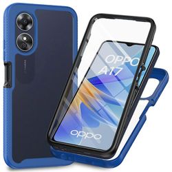 Oppo A17 4G iskunkestävä PC + TPU-puhelinkotelo läpinäkyvä puhelimen kansi PET-näytönsuojalla Tummansininen