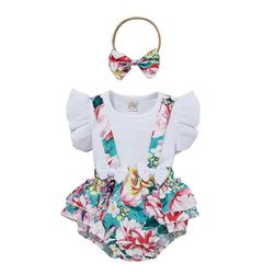 3stk Nyfødte Baby Piger T-shirt Toppe Flæse Sele Shorts Hovedbånd Outfits Sæt Hvid 18-24 Months