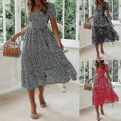 Kvinner Boho Floral Beach Midi Dress Ladies Summer Holiday Party Swing Sundress_s Svart M