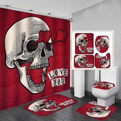 Sztxj Sydämenmuotoinen kallo Halloween-suihkuverhosetit, Halloween-kylpyhuoneen koristesetti 180 x 180cm - suihkuverho matolla, wc-kannen kansi, ky...