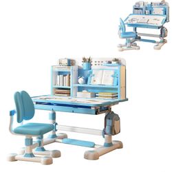 Lasten työpöytä ja tuolisetti, säädettävä korkeus työpöydällä ja ergonominen tuoli kirjatelineellä ja jalkapolkimella, sininen
