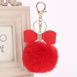 Koreansk version Rex kanin hår bold indlagt med Diamond Bow Fur Bag Vedhæng Bil Key Chain Lyse rødt