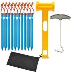 Aluminium Legering Telt Stakes Set, 18cm 10pcs Telt Spil med Plastic Hammer, Telt Peg Puller og Taske, Color Black himmelblå