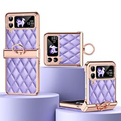 Frusde Plating Rhinestone cover kompatibel med Samsung Galaxy Z Flip 4, Pu læder cover med hængsel beskyttelse &ringholder Lilla For Galaxy Z Flip 4