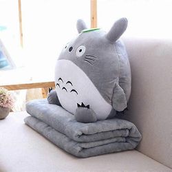 Stuffed Animals 3 In 1 monitoiminen Totoro pehmolelu pehmeä tyyny peitolla Totoro Hand Warm Cushion Baby Kids Nap Blanket Anime Figure Toy 30cm Gray