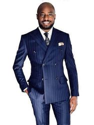 Coats Klassinen laivastonsininen raidallinen miesten puku Kaksirivinen Daily Business Blazer Housut Slim Fit Sulhanen Smokki 2-osainen setti Terno ...