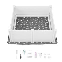 Succebuy Koirien pentulaatikko, 48 x 48 x 18,1 tuumaa, muovinen PVC-pentuleikkikehä korkeussäädettävällä ovella ja pestävällä pissatyynyllä, maidon...