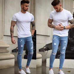 Varychmoo Mænd Skinny Denim Bukser Super Stretch Slim Fit Ripped Jeans Bukser Blå 3XL