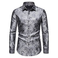 Kissqiqi Mænds Natklub Shiny 3d Trykt Slim Fit Button Down Party Dress Shirt Grå L