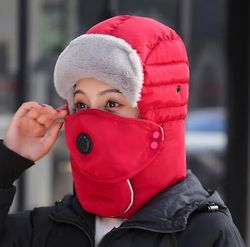 Mænd Kvinder Winter Bomber Hat Øre Flap Ski Ansigtsmaske Cap Ridning Motorcykel Udendørs Rød