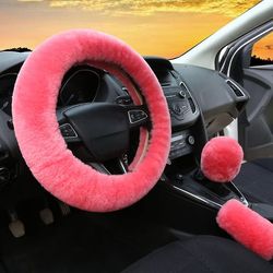 3st Set Womens Winter Fashion Wool Fur Soft Furry Ratt Täcker Rosa Fluffig Handbrake Cover Gear Shift Cover Fuzz Varm Halkfri Bildekoration