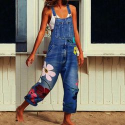Womenins Denim Jeans Hagesmæk Bukser Casual Button Solid Long Rompers Jumpsuits Grå L