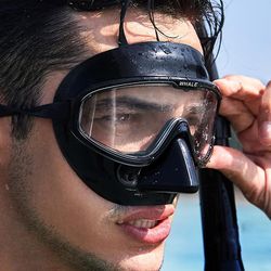 Dykning maske fuld ansigt klar linse anti tåge scuba undervands maske svømmebriller snorkel dykning beskyttelsesbriller udstyr til voksne Sort