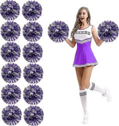 12kpl cheerleading pom poms sormenrei'illä metallinen folio cheer pom poms Suuri Purple Silver