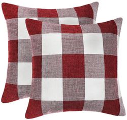 Linkrunning Sæt med 2 Farmhouse Buffalo Check Plaid Throw Pudebetræk Pudebetræk Polyester Linned til jul Home Decor rød og hvid, 18 x 18 inches