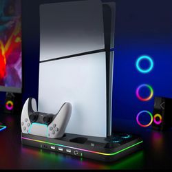 Jäähdytysteline PS5: lle Ohut levy/digitaalinen, pystysuora konsolin tallennustelakka kahden ohjaimen latausasemalla &; RGB-valo PS5 Slimille musta