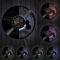 Musikk Vinyl Record Wall Clock - Musikkinstrument Fiolin Piano Led Light Wall Klokke - Vinyl Klokke - Living Room Wall Decor - Gaver til musikk Lo