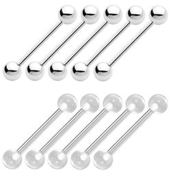 BodyJewelryOnline 10Pk tunge piercing vægtstænger 316l stål og klare holdere - 14g - 5/8(16 mm)