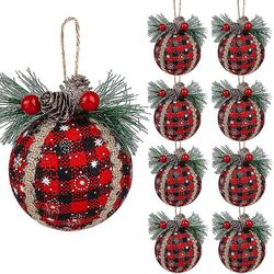 9pcs jul plaid ball ornamenter - 3 tommers rød bøffel plaid stoff ball juletre hengende ball ornamenter