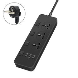 Shun Us /uk/eu Power Strip 5v2.1a Overspenningsvern Med 3 Uttak & 3 Usb-porter Svart