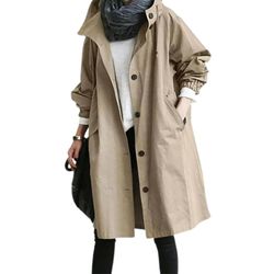 Kvinner Windbreaker Jakke Casual Loose Button Lommer Hette Vindtett Vanntett For utendørs fotturer A Khaki 3XL