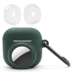 Silikonikotelon yhdistelmäsarja yhteensopiva Apple AirPods 4 / AirTag -kuoren kanssa 2 kpl kuulokesuojuksella ja karabiinilla Tummanvihreä