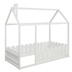 Twin størrelse Træ Hus seng ramme med hegn Hvid