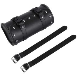 Moottoripyörän nahkainen yleistyökalu, pyöreä rullallinen satulalaukku, haarukka matkalaukkuun musta