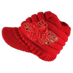 Fashion Winter Kvinders Strikkede Hat, Flat Top Sun Hat, Varm Hue, Baseball Cap med blomster Rød
