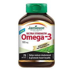Jamieson Vitamins Jamieson-vitamiinit Ei kalamaista jälkimakua Erittäin vahva Omega-3,900 mg,75 pehmeää kapselia