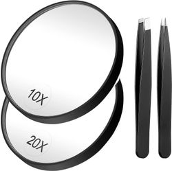 Eveltek 10x og 20x forstørrelses makeup spejl og pincet kit, 3.5 tommer spejl Sort