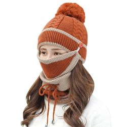Besser Winter Lady 3pcs Strik Pom Hat Tørklæde Ansigtsmaske Sæt Karamel