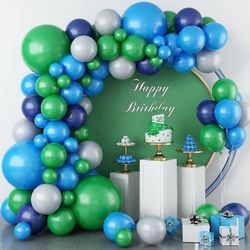 Heytea Sininen ja vihreä ilmapallo Seppele Kit Tummanvihreä Laivastonsininen Tummansiniset ilmapallot Kaari nauhalla poikatytölle Viidakko Teemajuh...