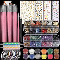 Kynsitaidesarja kynsien glitterillä, kynsitaidesiveltimet ja kynsitarrat geelikynsitaiteeseen, kynsien jalokivet kynsitarvikkeet työkalut