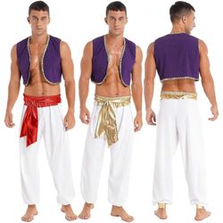 Miesten Halloween-puku Myyttinen prinssi Aladinin karnevaalikarnevaali Cosplay-juhla-asu Paljettikoristeinen liivi vyöllisillä housuilla Kulta A XXXL