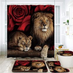 Red Rose and Lion -suihkuverhosarja, jossa liukumaton matto, wc-kansi ja suihkumatto, eläinsuihkuverhot 12 koukulla, kestävä vedenpitävä kylpyhuone D