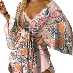 unbrand Womens Deep V Neck Dress Long Sleeve Plissert A-line Casual Dress Egnet for Female Party Dress Rosa Print XXXL