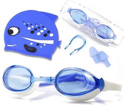 Handuo 4pcs Silikone Svømning Beskyttelsesbriller Swimming Cap Set blå1
